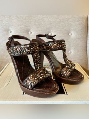 Frye Brown Studded T-Strap Platform Heels